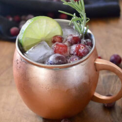 A Cran-Raz Mule in a copper mug, garnished with lime and cranberries